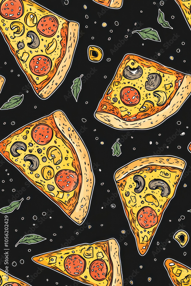 Vertical Seamless pattern with pizza in doodle style. Hand drawn food. Black background. Vertical Seamless pattern with pizza in doodle style. Hand drawn food. Black background.
