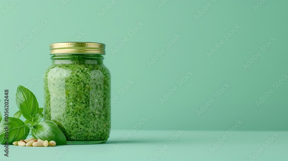 Jar of green basil pesto sauce with fresh basil leaves and pine nuts on green background, Italian cuisine condiment, homemade sauce, minimalistic food arrangement, copy space for text
Jar of green basil pesto sauce with fresh basil leaves and pine nuts on green background, Italian cuisine condiment, homemade sauce, minimalistic food arrangement, copy space for text
