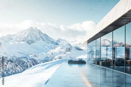 modern ski lodge with large glass windows overlooking snow-covered peaks, minimal background with copy space in winter mountains, travel skiing and snowboarding photo