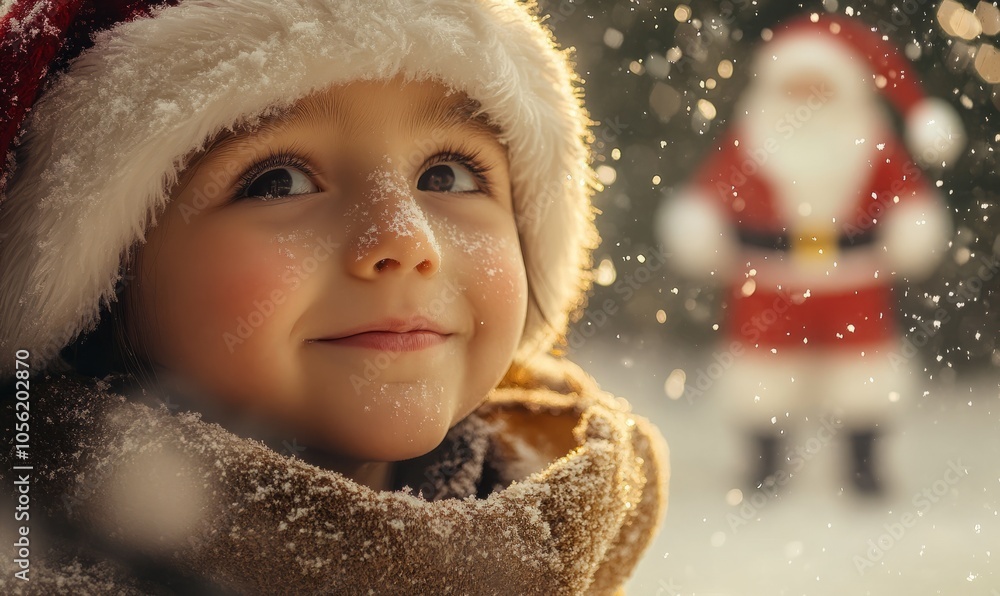 Child's face lighting up with joy as they spot Santa Claus in the distance, with snow gently falling around them Child's face lighting up with joy as they spot Santa Claus in the distance, with snow gently falling around them
