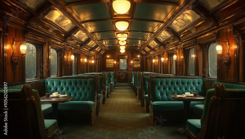 Vintage Train Car Interior with Plush Seating Luxuriously upholstered plush seating inside a vintage train car, beautifully preserved with a nostalgic ambiance.