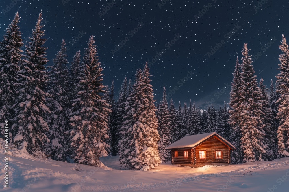 Naklejka premium winter cottage core - small wooden rustic cabin with tin roof, surrounded by tall, snow-covered fir trees under a starry sky, minimal background with copy space