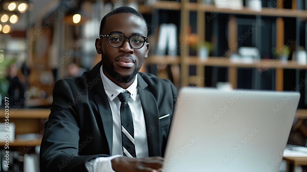 African american office employee with laptop image. Company manager black man at workplace photography scene wallpaper. Corporate career promotion concept photorealistic photo African american office employee with laptop image. Company manager black man at workplace photography scene wallpaper. Corporate career promotion concept photorealistic photo