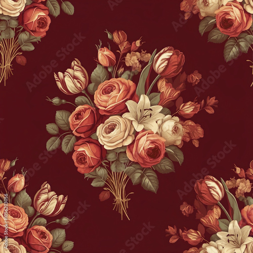 Floral seamless pattern with roses repeatable tile rose bouquet continous background design photo