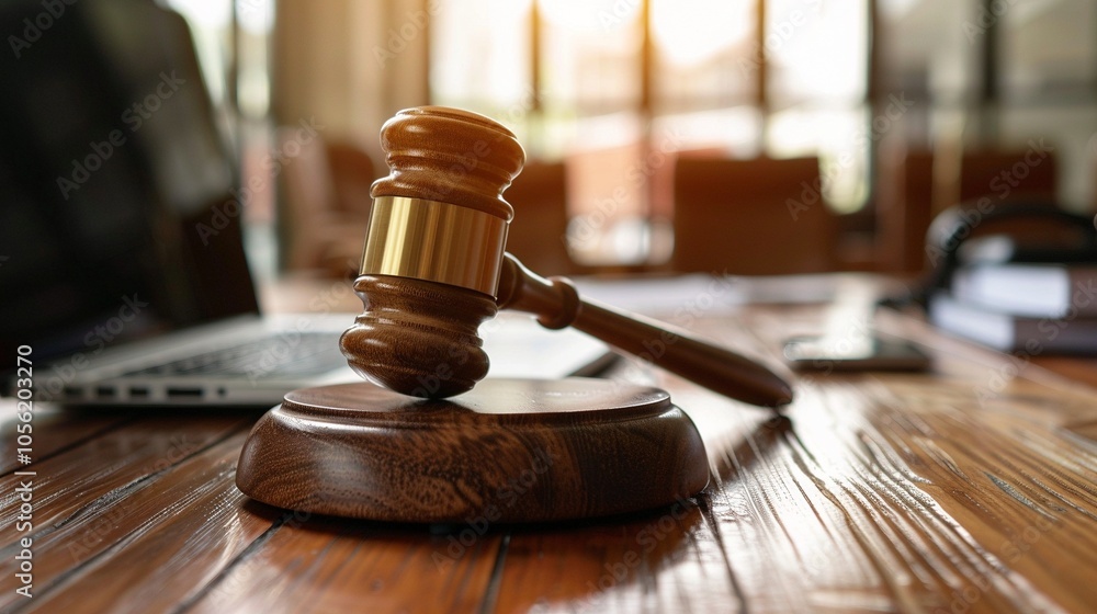 Court gavel and laptop on judge desk image copy space. Justice and law enforcement banner background blurred. Legislation authority attributes concept photography copyspace Court gavel and laptop on judge desk image copy space. Justice and law enforcement banner background blurred. Legislation authority attributes concept photography copyspace