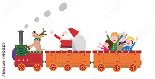 クリスマスの日にサンタクロースとトナカイが汽車でプレゼントを運んでいる。