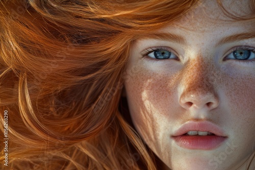 Close-up of a freckled redheaded girl's face.