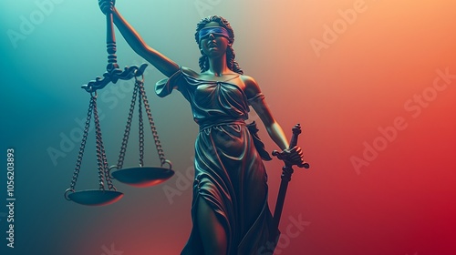 Femida statue with scales and sword image copy space. Mythological blind lady of justice judging banner background blurred. Laws regulation authority concept photography copyspace