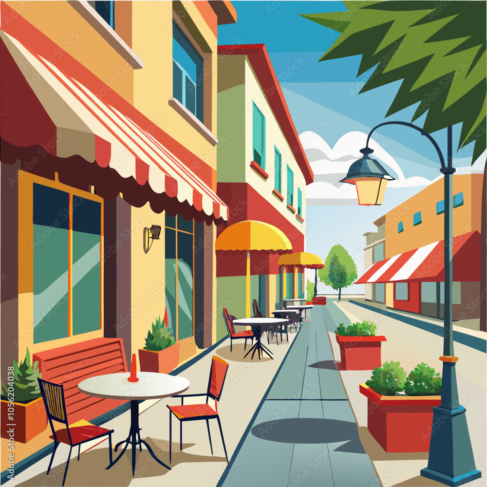 A charming illustration of a sunny European street, showcasing vibrant storefronts, cafe tables, and a lush palm tree overhead. The scene captures the essence of a vibrant and inviting neighborhood. A charming illustration of a sunny European street, showcasing vibrant storefronts, cafe tables, and a lush palm tree overhead. The scene captures the essence of a vibrant and inviting neighborhood.