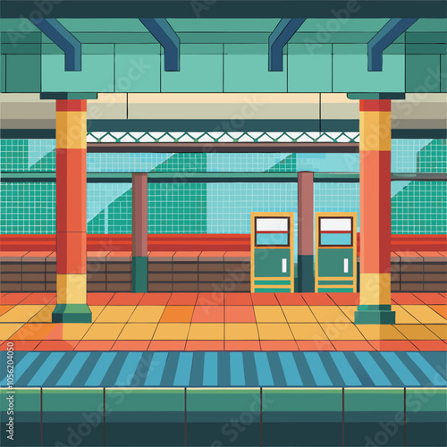 A vibrant illustration of an empty train station platform, featuring colorful tilework, pillars, and ticket machines. This retro-inspired scene evokes a sense of anticipation and urban exploration.