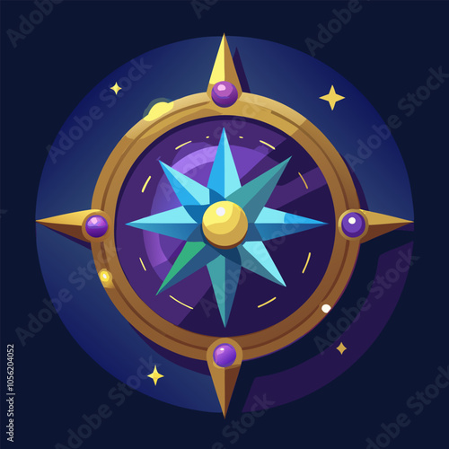 A magical compass with a glowing star, adorned with gemstones, perfect for fantasy game assets, UI design, or any project needing a celestial touch.