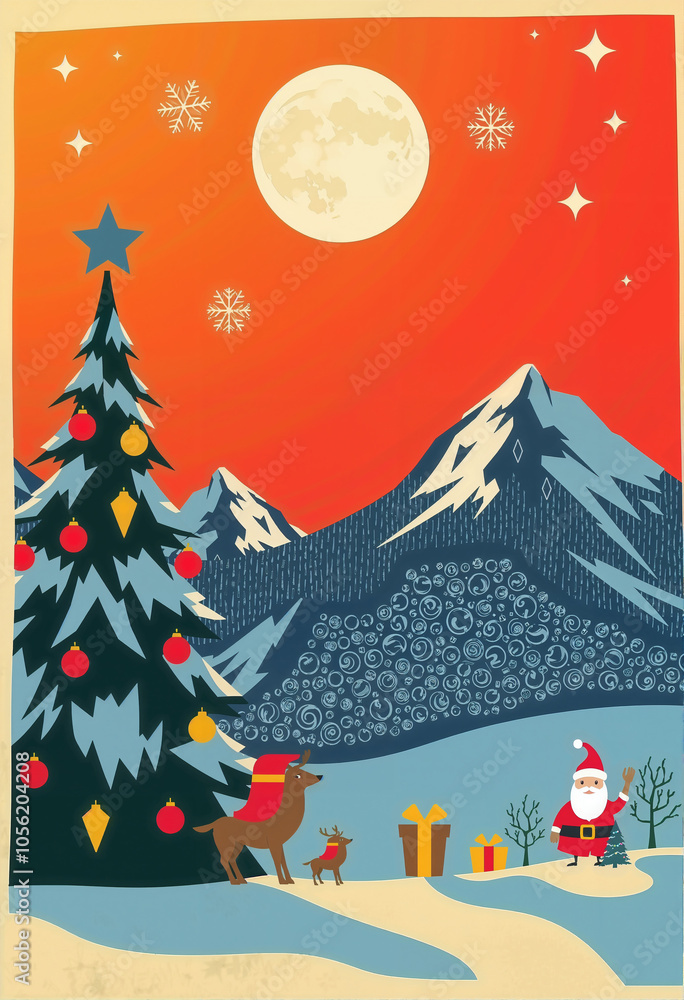 Naklejka premium The image is a stylized illustration depicting a festive Christmas scene with a full moon, snowflakes, a decorated Christmas tree, a Santa Claus figure, and a reindeer.