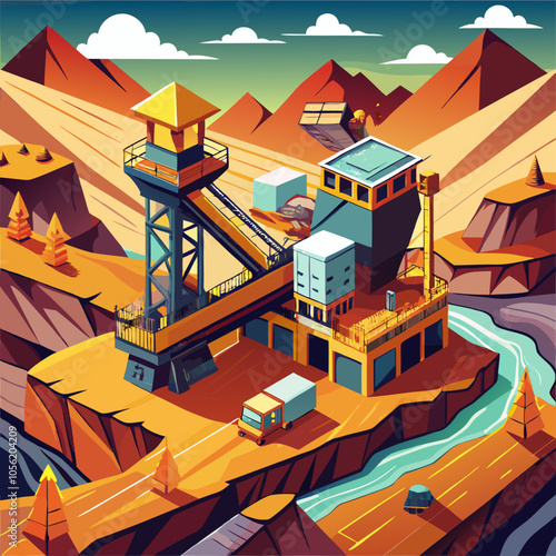 A vibrant isometric illustration depicting a mining operation nestled within a mountainous landscape. The scene features a conveyor belt, a factory, trucks, and a winding river.