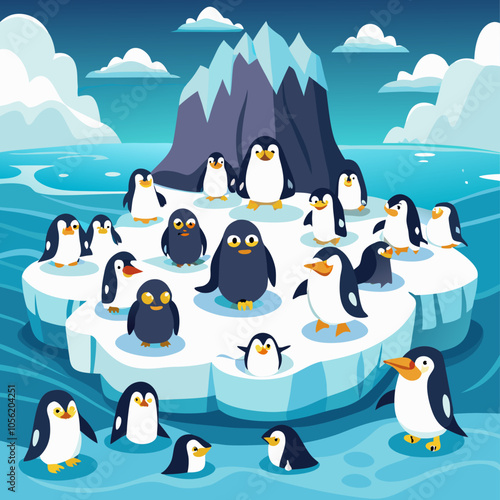 A cheerful illustration featuring a large group of penguins huddled together on an iceberg, surrounded by a vast blue ocean. This adorable scene is perfect for children's books.