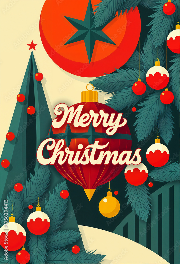 Naklejka premium The image is a stylized Christmas-themed graphic featuring a tree with red and white ornaments, a star, and a large red circle with a green star.