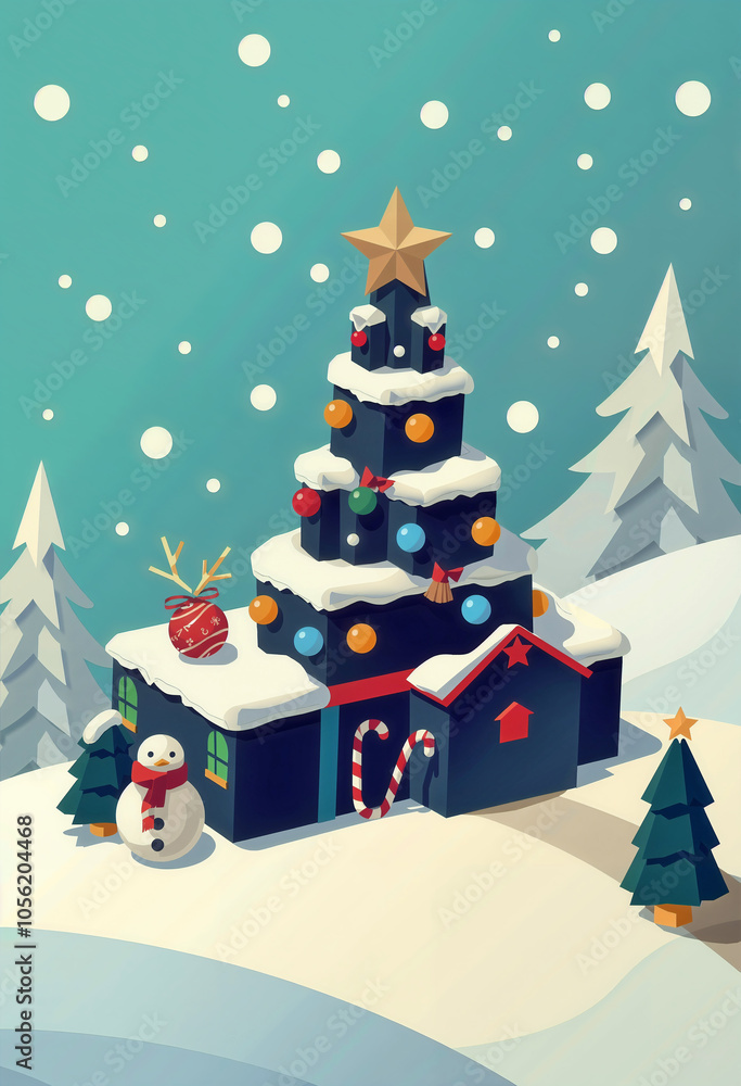 The image depicts a whimsical, stylized Christmas scene with a snowman, a candy cane, and a Christmas tree adorned with ornaments, all set against a backdrop of snow-covered trees and a starry sky. The image depicts a whimsical, stylized Christmas scene with a snowman, a candy cane, and a Christmas tree adorned with ornaments, all set against a backdrop of snow-covered trees and a starry sky.