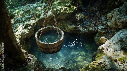   A wooden bucket hangs from a tree above a pool of water Moss covers the surrounding rocks photo