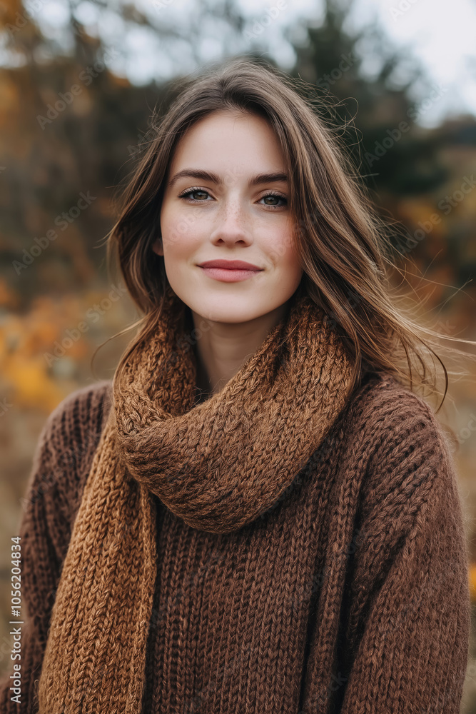 A more natural outdoor setting with the woman wearing light makeup, featuring a rosy lip color and a warm, knitted scarf, conveying a cozy autumn vibe. A more natural outdoor setting with the woman wearing light makeup, featuring a rosy lip color and a warm, knitted scarf, conveying a cozy autumn vibe.