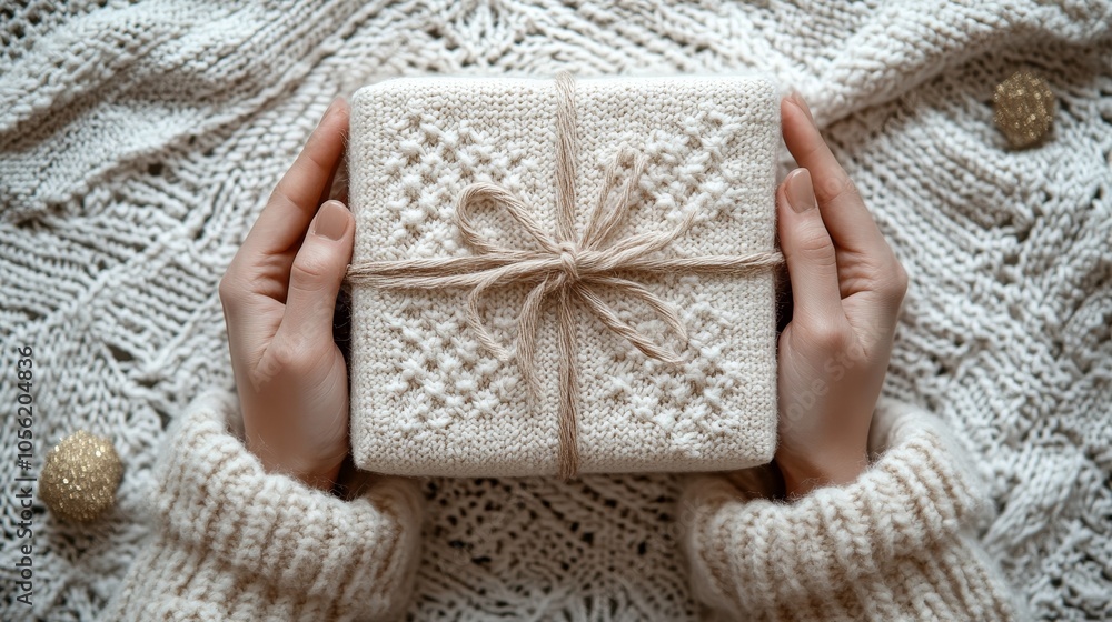 A person holding a beautifully wrapped gift with a knitted texture, surrounded by a cozy knitted blanket and decorative golden ornaments A person holding a beautifully wrapped gift with a knitted texture, surrounded by a cozy knitted blanket and decorative golden ornaments