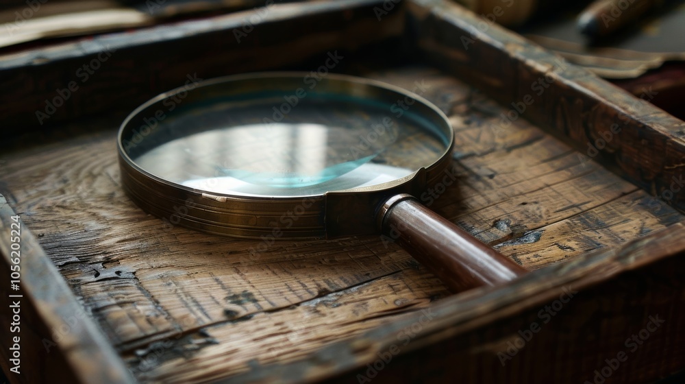 A detailed shot of a wooden frame containing a magnifying glass ready for use in examining small details in photographs. A detailed shot of a wooden frame containing a magnifying glass ready for use in examining small details in photographs.