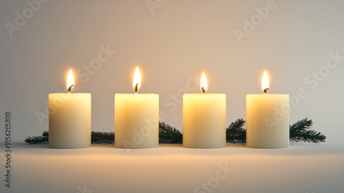 Four lit advent candles arranged in a minimalistic style, placed on a simple background with a sprig of evergreen