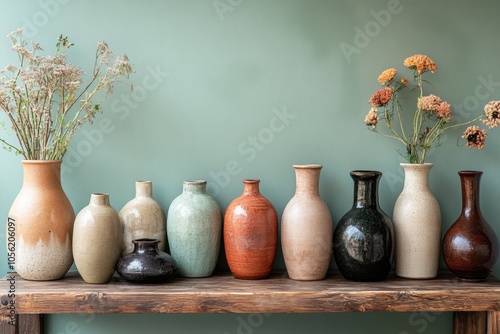 rustic home decor, earthy vases displayed on a wooden sideboard against an olive-green wall, offering a canvas for creative decoration photo