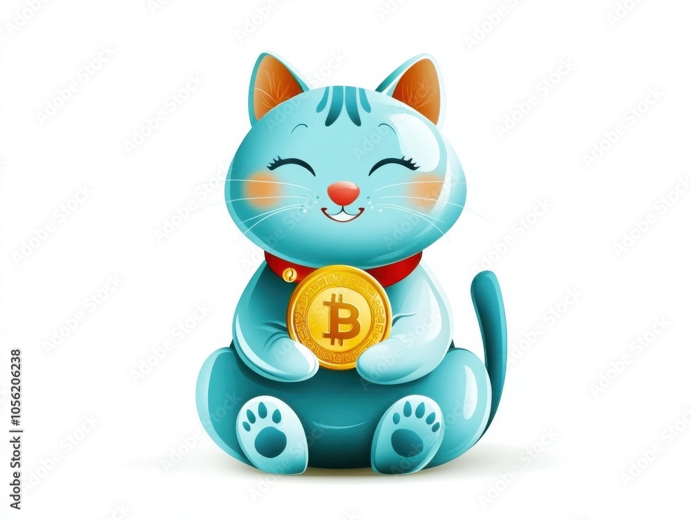 Obraz premium Cute blue cat holding a bitcoin coin a playful blend of pets and cryptocurrency in a colorful illustration, Generative Ai, Lunar New Year, Chinese New Year