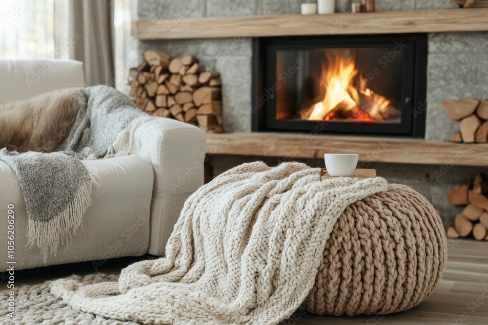 Fototapeta premium christmas cozy interior with a roaring fireplace, hand knitted wool blankets, and rustic wooden furniture, minimal background with copy space