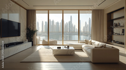 luxury modern living room with dubai skyline view