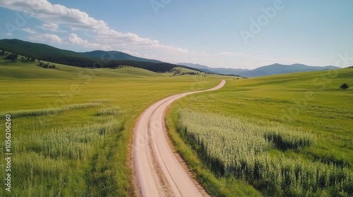 A winding dirt road through lush green fields under a clear blue sky in a tranquil landscape