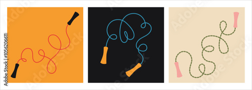 Jump rope for games, jumping and cardio training set. Cord, twisted into a heart shape. Beaded and rubber Skipping rope. Trendy modern vector illustration, hand drawn, flat design