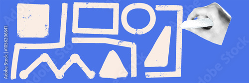 Hand drawn digital collage with halftone and bitmap elements illustrating teamwork, app development, and corporate success.