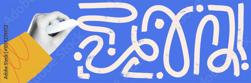 Hand drawn collage design illustrating teamwork and app development. Vintage halftone and contemporary digital elements depict business, finance, and online communication.