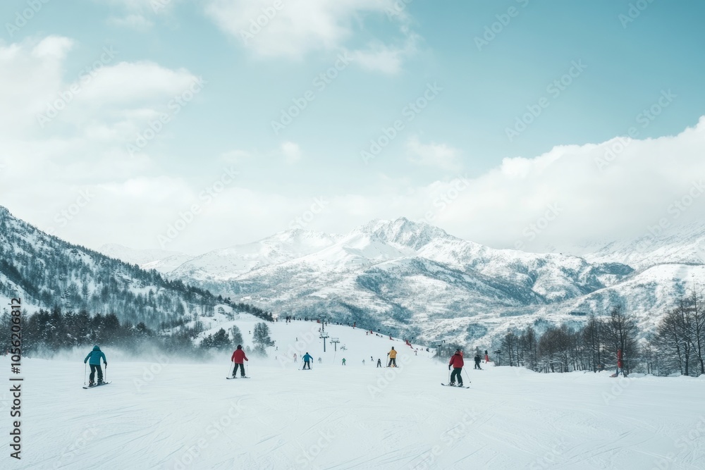 ski resort - skiers and snowboarders on a snowy slope, with dramatic mountain scenery in the background, minimal background with copy space ski resort - skiers and snowboarders on a snowy slope, with dramatic mountain scenery in the background, minimal background with copy space