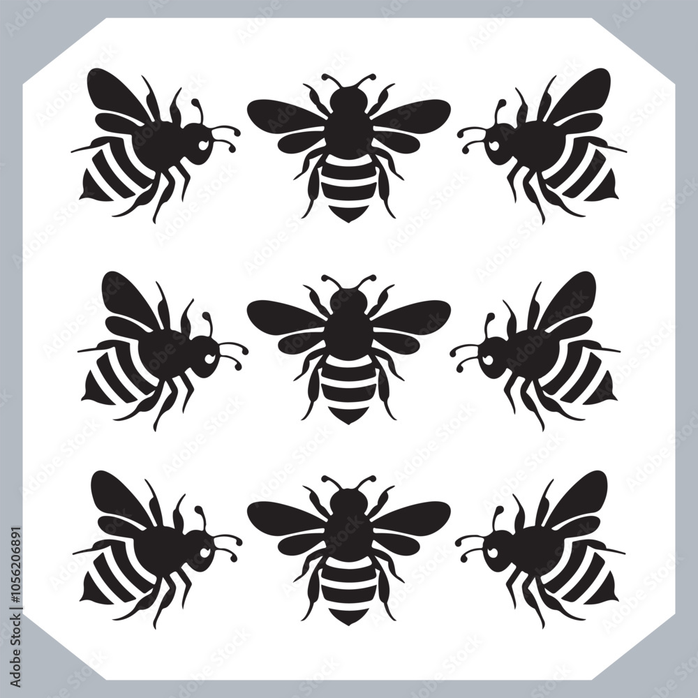 Bee simple logotype icon, Bee silhouette set collection, hand drawn Bee on white background