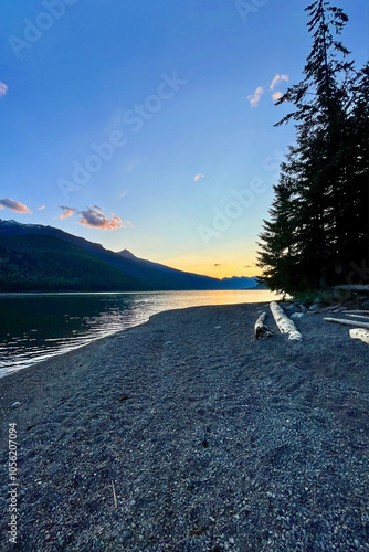 Lake revelstoke in British Colubia, Canada at sunset photo