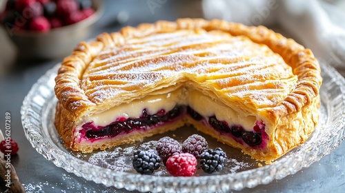 Golden Pithivier with custard and berry filling, isolated on a crystal plate, with a dusting of icing and berry garnish photo