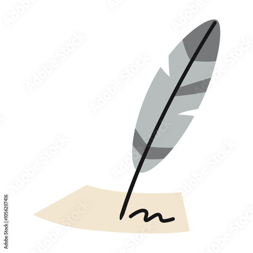 Quill, Bird feather writes on paper, literature and history concept, ancient times. Vector illustration isolated on white background, hand drawn, flat design