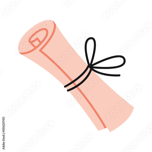 A scroll of paper, parchment tied with a ribbon and a bow. Modern vector illustration isolated on white background, hand drawn, flat design