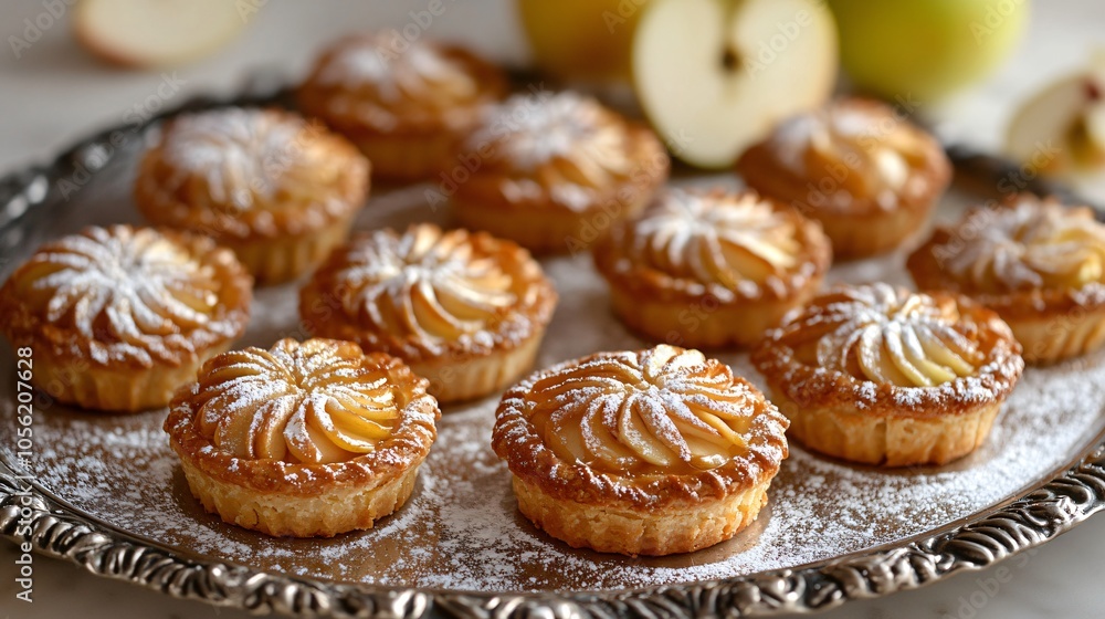 Mini Pithiviers with apple and caramel filling, isolated on a silver tray, with scattered powdered sugar and fresh apple slices Mini Pithiviers with apple and caramel filling, isolated on a silver tray, with scattered powdered sugar and fresh apple slices
