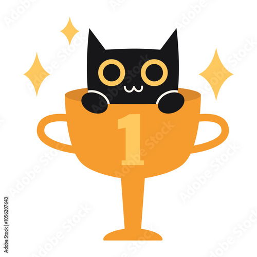 Winner's award, a cup for first place in a competition with a cute cat sitting inside the cup. Trendy modern vector illustration isolated on white background, hand drawn, flat design