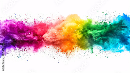 Colorful rainbow Holi paint color powder explosion isolated white wide panorama background