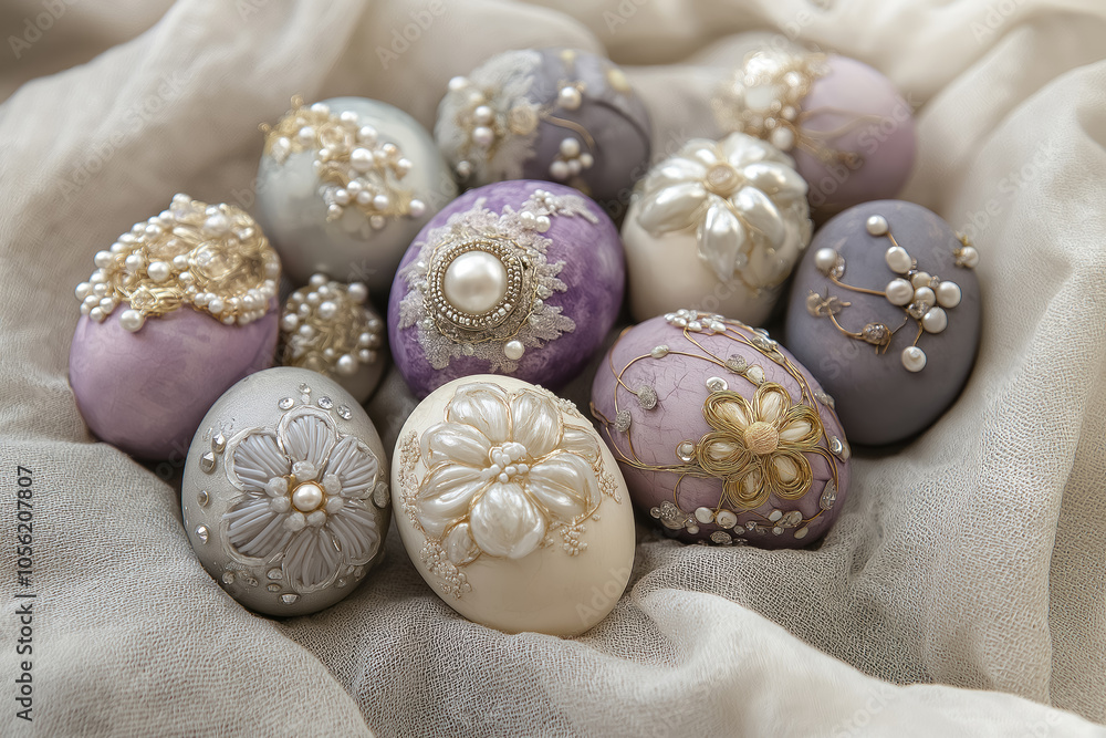 Obraz premium decorated easter eggs with pearls and fine details on soft linen perfect for spring celebrations and holiday decorations