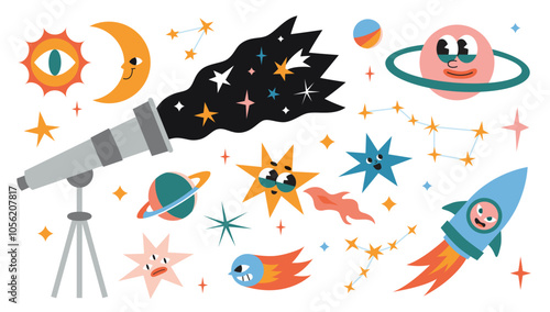 Astronomy and outer space set. Telescope, planets, rocket, comet and stars. Astrological symbols, constellations, moon and sun. Cute funny characters. Trendy modern  isolated vector illustration, flat
