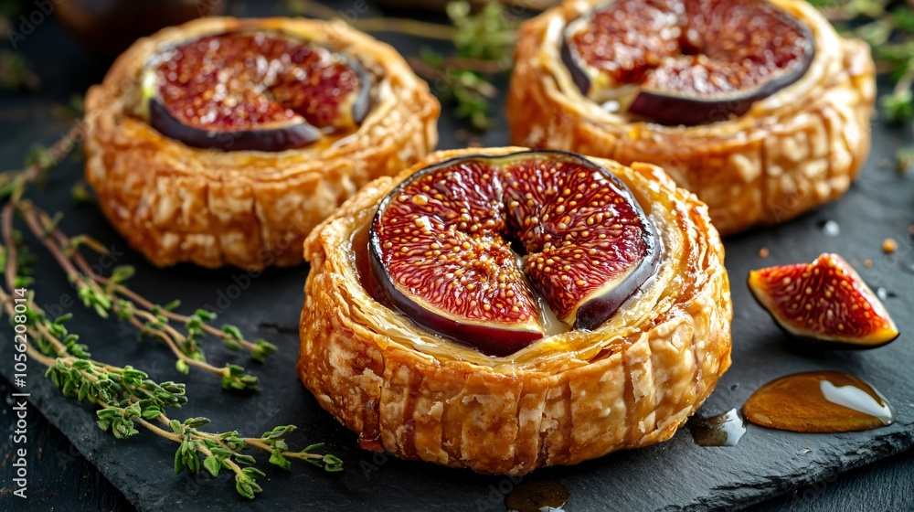 Pithivier with fig and goat cheese filling, isolated on a slate board, with fresh thyme and drizzles of honey Pithivier with fig and goat cheese filling, isolated on a slate board, with fresh thyme and drizzles of honey