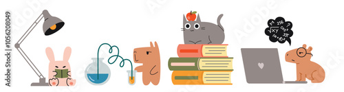 Set of cute funny characters, books and laptop. Education and study concept. Rabbit, capybara and cat go to school. Trendy modern vector illustration isolated on white, hand drawn, flat.