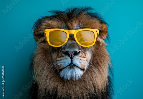 Illustration of a lion with glasses. An anthopomorphic creature. An advertising character. A humorous graphic character. photo