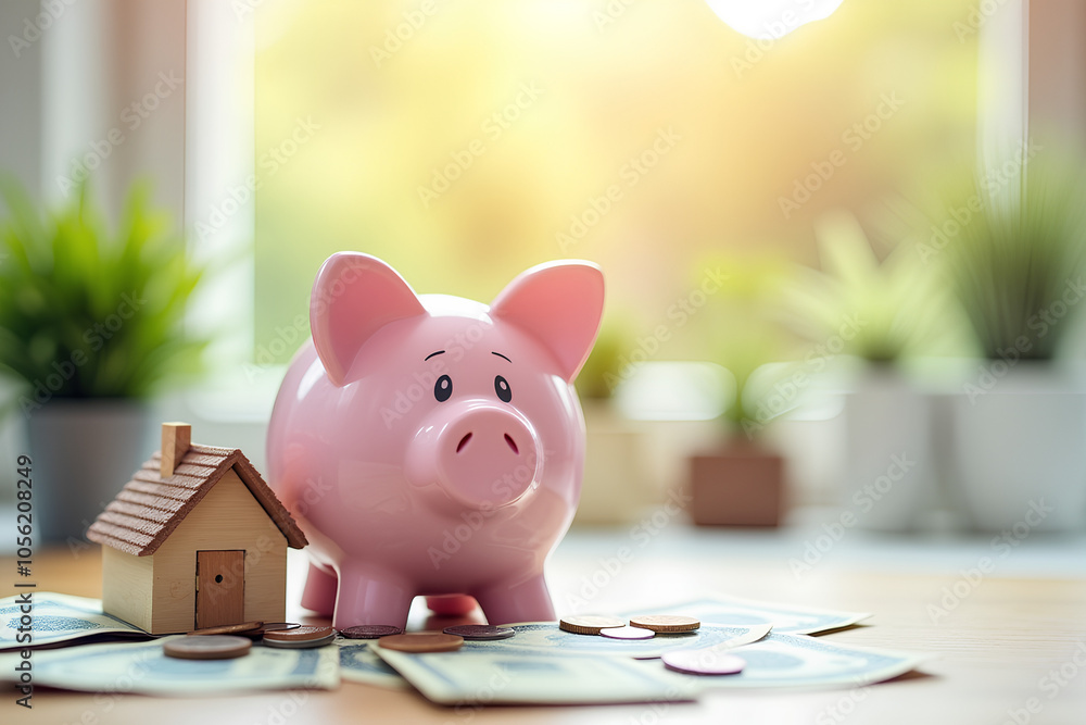 the concept of savings,piggy bank,money and a model house on a wooden table the concept of savings,piggy bank,money and a model house on a wooden table