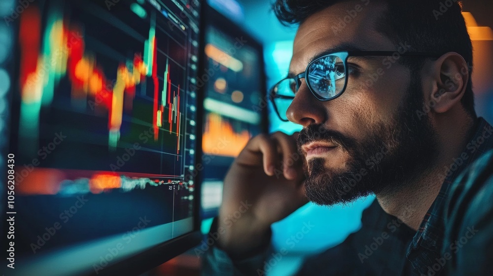 Focused man analyzing stock market data on multiple monitors