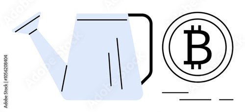 Watering can next to a Bitcoin symbol implying nurturing growth of cryptocurrency investments. Ideal for financial education, cryptocurrency promotions, blockchain technology, investment strategies